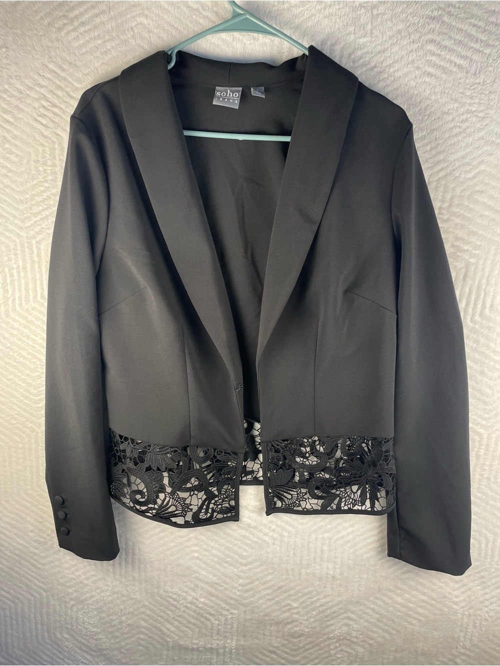 Soho Black Lace-Hem Shawl Collar Blazer